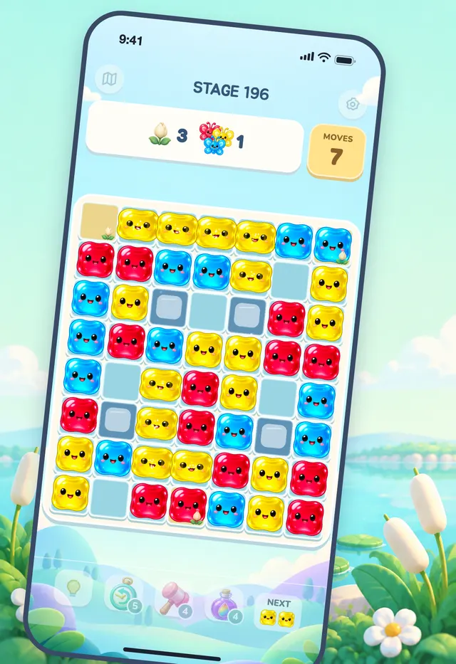 A stage: a board full of jellies with the goals and moves left above it