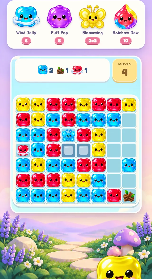 The 4 special jellies (Wind Jelly, Puff Pop, Bloomwing, Rainbow Dew) and a board with a Bloomwing on it