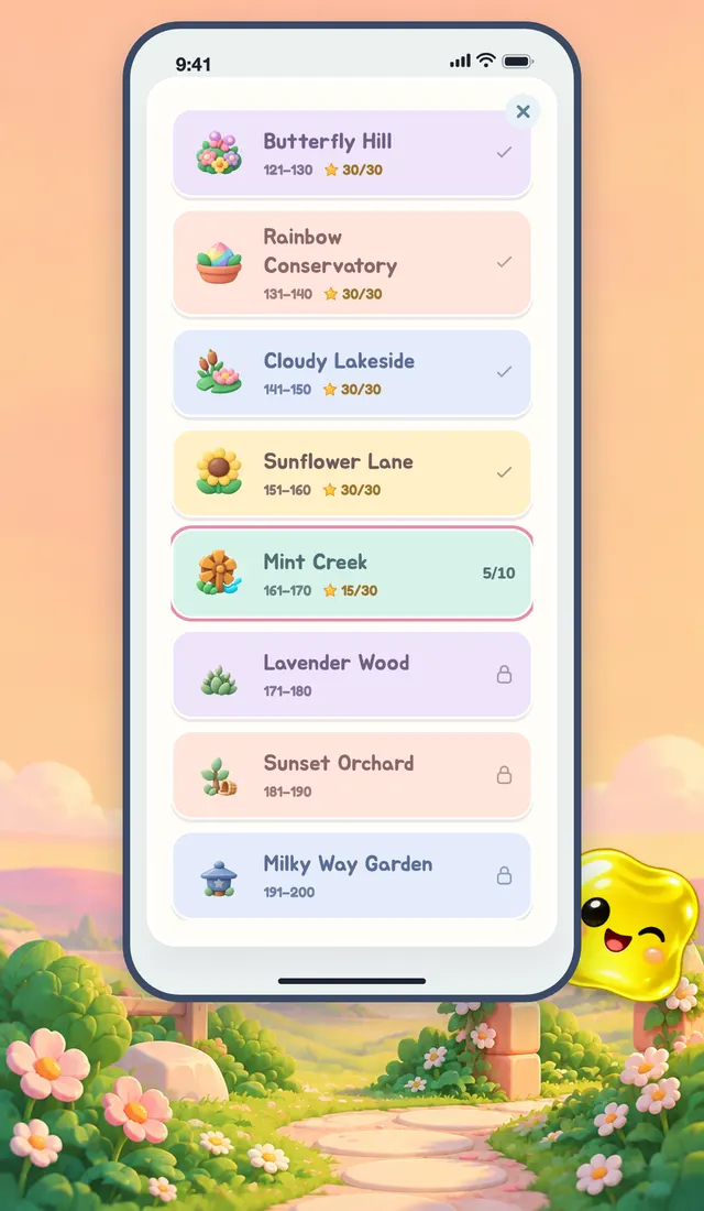 The area list on the map: Butterfly Hill, Rainbow Conservatory, Cloud Lakeside and more, with the stars earned in each