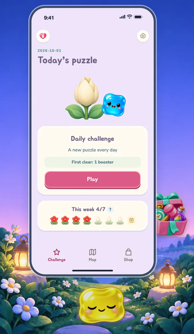 The daily puzzle screen with its Play button and this week’s 7 slots