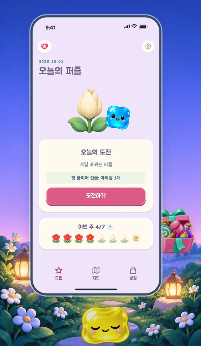 오늘의 퍼즐 화면: 도전하기 버튼과 이번 주 7칸